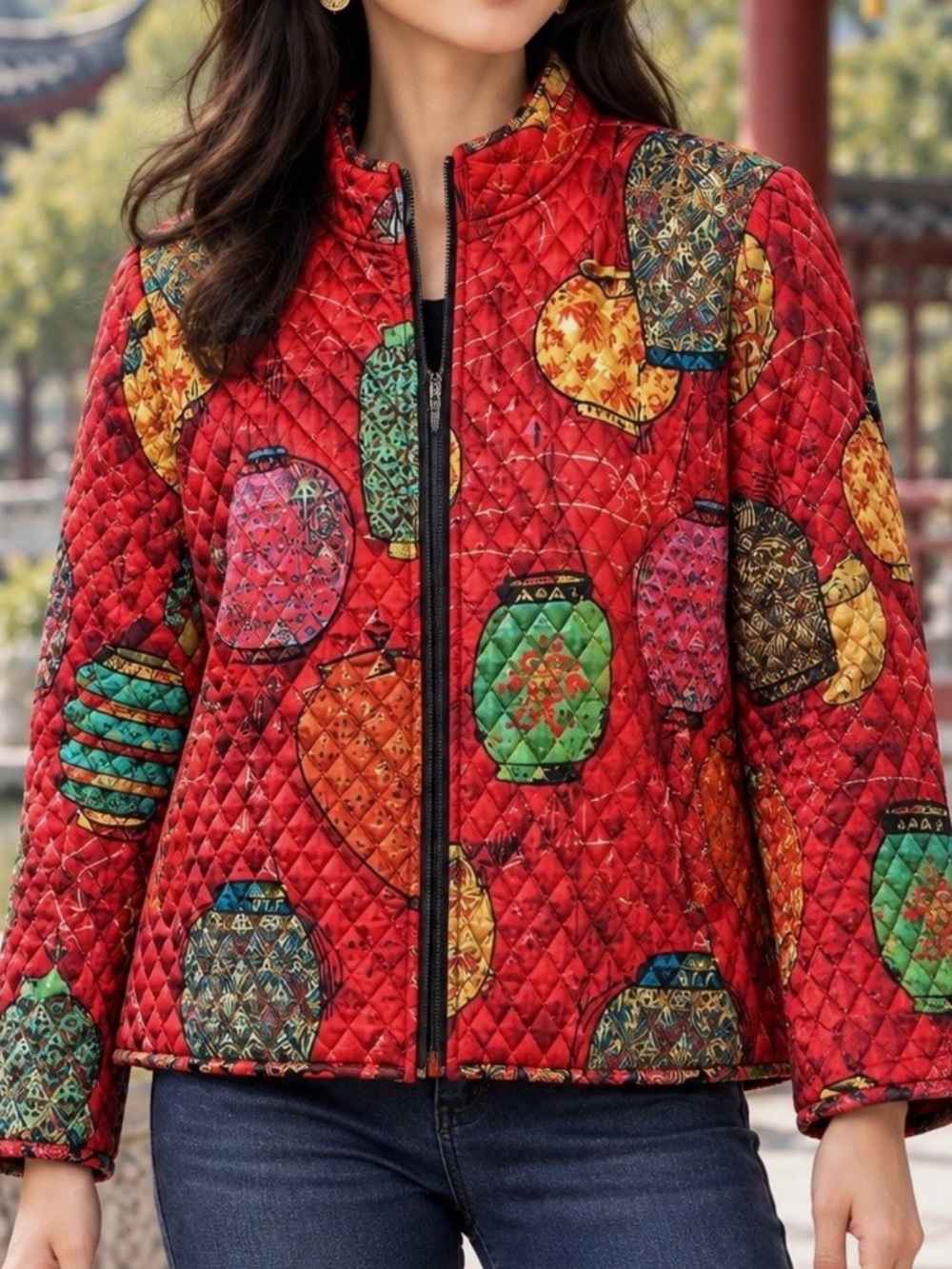Women’s Chico’s Red Quilted Lantern-Print 100% Silk Jacket